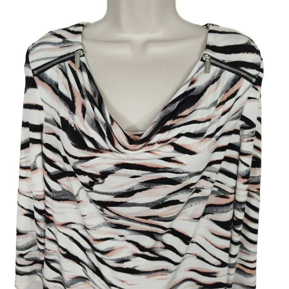 Calvin Klein Draped Neck Top Women Size S Black White Pink 3/4 Slv Work Career - Picture 2 of 5